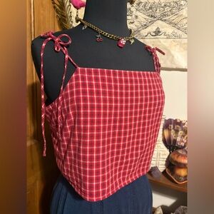 Urban Outfitters Red Plaid Crop Cotton Strap Top Size Large Ties UO blue white
